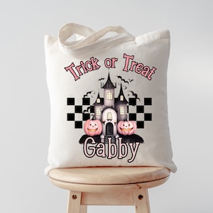 Custom Halloween Pink and Black Tote Bag, Custom Halloween Candy Bag for kids, Custom Halloween Tote, Personalized Halloween Kids Bag