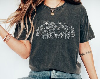 Camiseta de flores silvestres, colores cómodos, camisa floral, camisa botánica, camisa amante de la naturaleza, camisas de plantas, camisetas gráficas