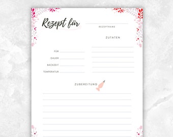 Pink Printable Recipe Template | Recipe card for a recipe book A4 | To sort into a recipe folder | Write yourself | printing