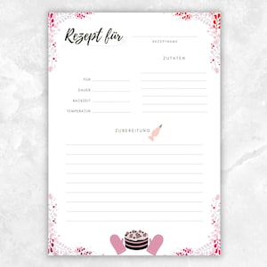 Rosa Rezept Vorlage zum Ausdrucken | Rezeptkarte für ein Rezeptbuch A4 | Zum Einsortieren in einen Rezeptordner | Selber Schreiben | Print