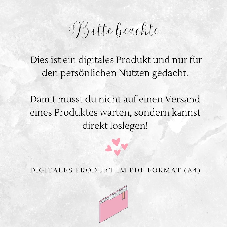 May include: A digital product in PDF format, suitable for personal use. The text reads "Please note: This is a digital product and only for personal use. You don't have to wait for a product to be shipped, you can download it directly! Digital product in PDF format (A4)"
