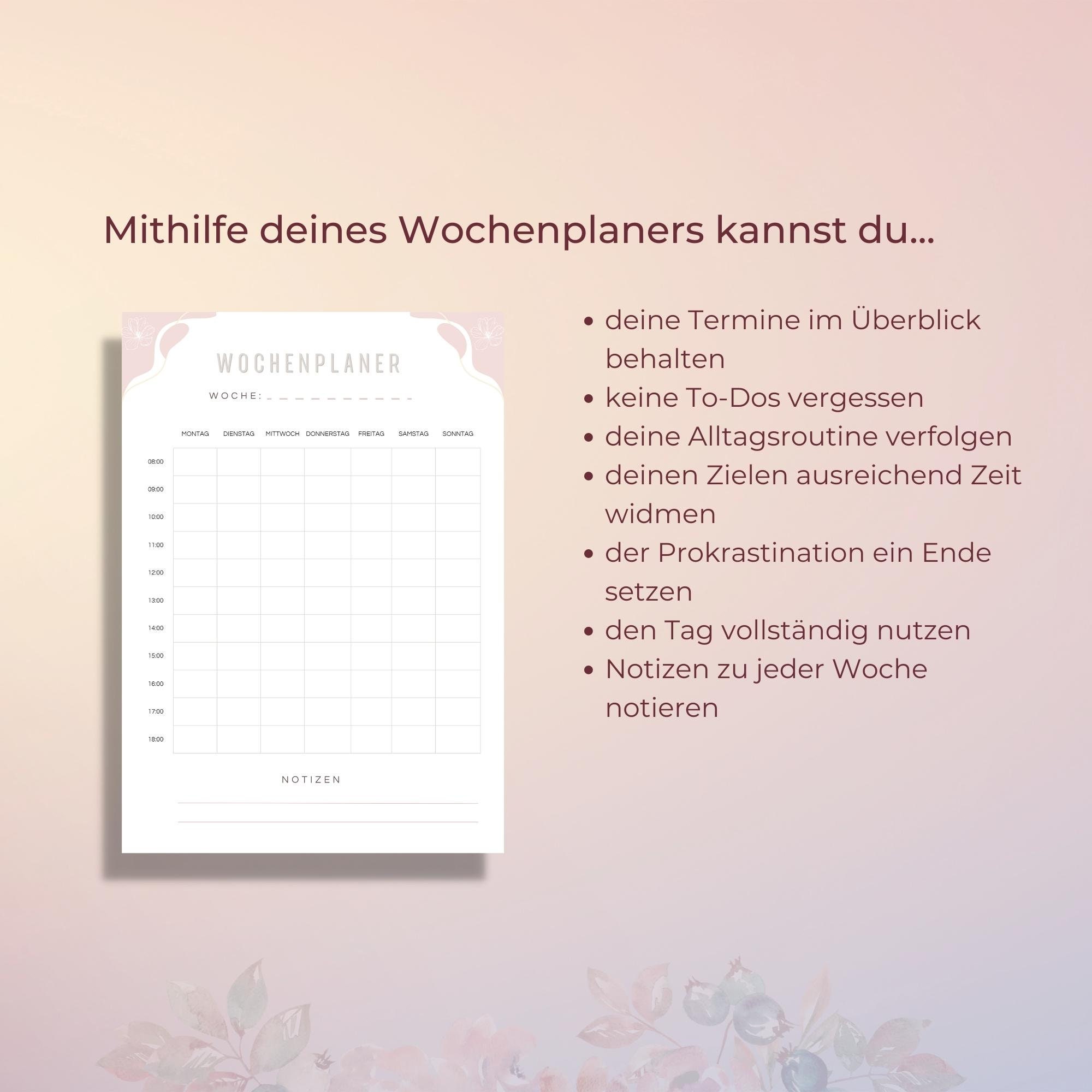 Wochenplaner zum Ausdrucken, Wochenplan Vorlage, Stundenplan, Zeitplan