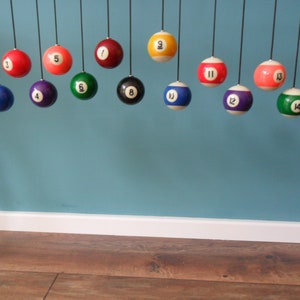 May include: A display of numbered snooker balls hanging from black strings against a teal wall. The balls are in various colours, including white, yellow, red, and green, and are arranged in a line, with each ball clearly numbered.