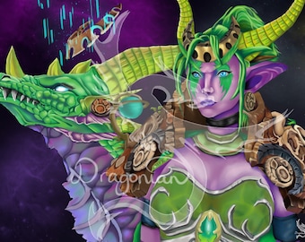 May include: A digital illustration of a green-skinned female character with green hair and horns. She is wearing green and purple armor with a dragon head on her shoulder. The background is a dark purple with blue and white streaks.