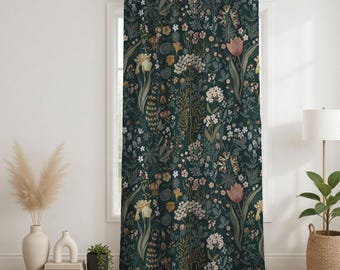 Cortinas transparentes y opacas con estampado de helechos forestales / Hojas de helecho verdes botánicas estilo cottagecore oscuro / Paneles florales para ventanas
