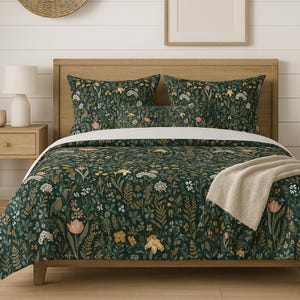 Winter Forest Fern Duvet Cover | Botanical Bed Set With Pillows | Magical Forest Fern Leaves Dark Green Duvet Cover Throw Blanket