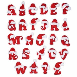 May include: A set of red embroidered letters, each topped with a white Santa hat. The alphabet, from A to Z, is presented. These patches are suitable for festive crafts and customisation, adding a Christmas theme to garments or accessories.