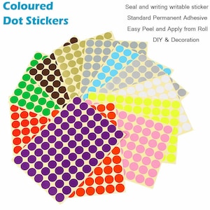 May include: A selection of multi-coloured dot stickers, including shades of green, red, purple, and pink. The stickers are arranged in a fan shape, with the text "Coloured Dot Stickers" at the top. Ideal for DIY and decoration projects.