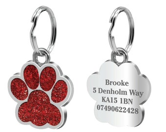 Personalised Engraved Dog Tag Name Pet Dog Cat Tags Animal Cat Collar ID Tags Custom ID Tag 25mm Glitter Bling Paw Print Tags For Your Pet