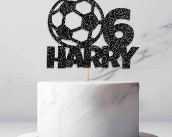 Personalised Birthday Glitter Cake Topper | Custom Colour Any Name & Age Football Cake Decoration Footy Soccer Party, Birthday Decors Topper