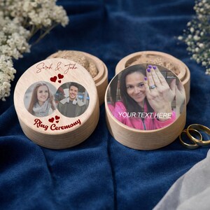 May include: Wooden ring boxes with custom photos and text. One box shows a couple's photo with the text "Sarah & John" and "Ring Ceremony." Another box displays a photo with the text "YOUR TEXT HERE." Gold wedding rings are visible.