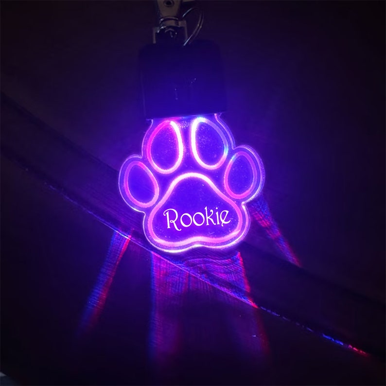 May include: A purple and pink paw print keychain with the name "Rookie" engraved on it. The keychain has a built-in LED light that illuminates the paw print.