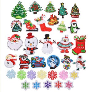 May include: A selection of embroidered Christmas patches featuring festive designs. Includes Christmas trees, snowmen, Santa Claus, and snowflakes. Some patches have text like 'Merry Christmas'. Ideal for adding to clothing or crafts.