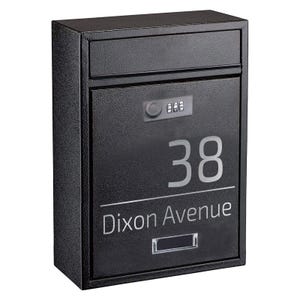 May include: Black metal mailbox with a combination lock, a slot for mail, and a nameplate that reads "38 Dixon Avenue".