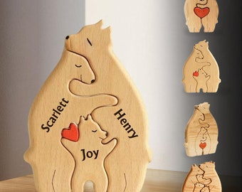 Wooden Bear Family Puzzle, Custom Bear Figurines Keepsake Gift, Personalized Wooden Animal Puzzle, Family Home Decor, Christmas Mom Dad Gift