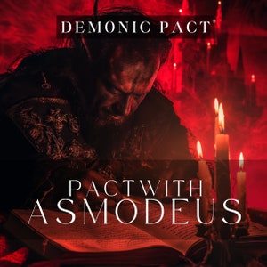 Może przedstawiać: Mężczyzna o czerwonej skórze i rogach czyta książkę w słabo oświetlonym pokoju. Książka jest otwarta, a strony są oświetlone światłem świec. Tekst na książce brzmi "PACT WITH ASMODEUS". Pokój jest ozdobiony świecami i czerwonym tłem.