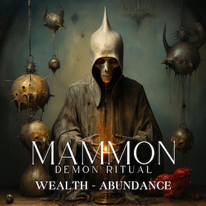 Könnte beinhalten: Eine skelettartige Gestalt mit Kapuze in einem dunklen Gewand sitzt hinter einer brennenden Kerze, umgeben von schwebenden, stacheligen, metallischen Kugeln. Der Text lautet MAMMON DEMON RITUAL WEALTH - ABUNDANCE. Gedämpfte Grau-, Braun- und Blautöne.