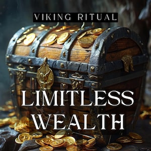 Puede incluir: Un cofre del tesoro de madera con bandas de metal oscuro y herrajes dorados ornamentados, rebosante de monedas de oro. El texto VIKING RITUAL está en la parte superior y el texto LIMITLESS WEALTH está centrado en el frente del cofre.