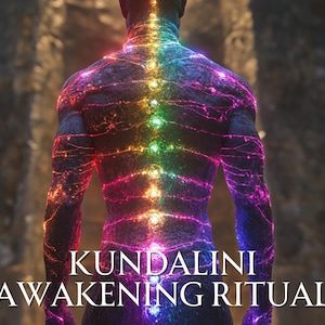 Può includere: Una persona con un arcobaleno di luce che emana dalla sua colonna vertebrale, con il testo "Kundalini Awakening Ritual" nella parte inferiore dell'immagine.