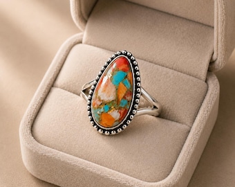 Copper With Spiny Oyster Turquoise Stone Rings- Handcrafted Silver plated Ring- Boho Gemstone Ring