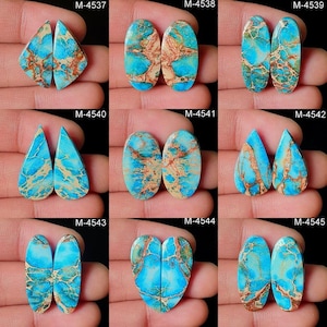 以下が含まれることがあります： 様々な形に研磨された宝石のペアのコレクション。三角形、楕円形、涙型など。石は鮮やかな青と茶色のマーブル模様が特徴です。各ペアには、固有の「M-45XX」コードが付いています。