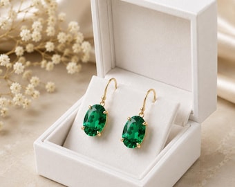 Emerald Green Minimalist Oval Drop Earrings, Gold & Silver Finish Dangle Earrings, legant Ear Wire Earrings, Handmade Statement Gift for Her