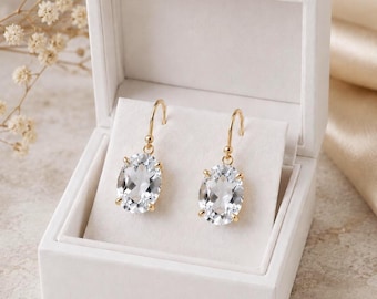 Clear Quartz Oval Drop Earrings, Minimalist Gold Dangle Earrings, Clear Gemstone Earrings, Crystal Jewelry, Elegant Gift for Her