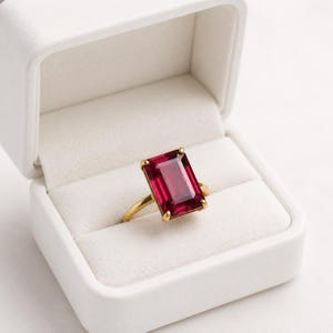 Large Ruby Ring, Emerald Cut Gold Statement Ring, July Birthstone, Gift For Mother