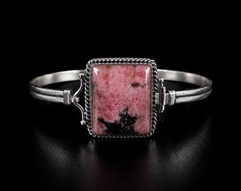 Natural Rhodonite Cuff Bracelets | Handcrafted Silver Plated Jewelry