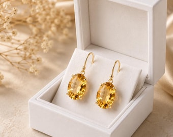 Citrine Oval Drop Earrings, Minimalist Gold Dangle Earrings, Yellow Gemstone Earrings, November Birthstone Jewelry, Gift for Her
