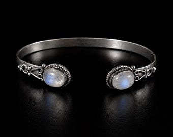 Natural Rainbow Moonstone Cuff Bracelets | Handcrafted Silver Plated Jewelry