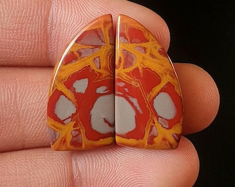 May include: A pair of red, yellow, and white cabochon gemstone cabochons with a marbled pattern. The cabochons are cut in a teardrop shape. M-1937