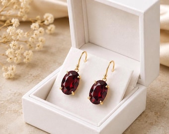 Garnet Oval Drop Earrings, Minimalist Gold/Silver Dangle Earring, January Birthstone Jewelry