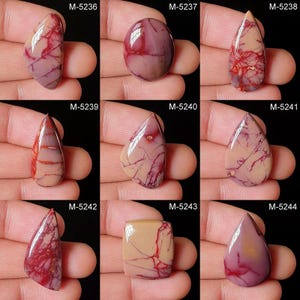 May include: Nine polished gemstones in various shapes, including oval, teardrop, and rectangular. The stones display a mix of colors, primarily beige, red, and purple, with intricate veining patterns. Each stone is held in a hand, with the product code visible.
