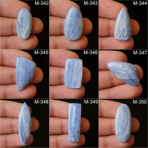 Könnte beinhalten: Neun blaue Kyanit-Cabochons in verschiedenen Formen und Größen, darunter oval, tropfenförmig und rechteckig, auf einer Hand präsentiert. Die Cabochons sind mit ihren entsprechenden Identifikationsnummern von M-342 bis M-350 gekennzeichnet.