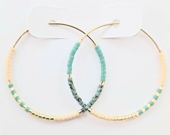 Glass Seed Bead and Gold Hoop Earrings