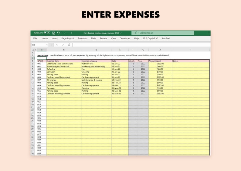 Car Rental and Expenses Spreadsheet, Getaround and