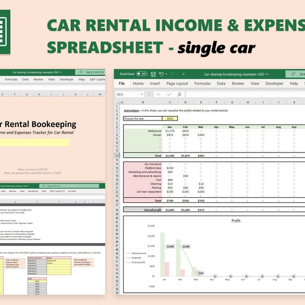 Car Rental Income and Expenses Spreadsheet, Getaround Income and Expenses Tracking