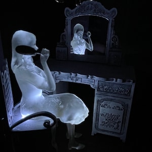 LED Ghost 1:12 scale Adult Female Combing Hair haunted miniature Dollhouse Spooky Doll Creepy Art Comb