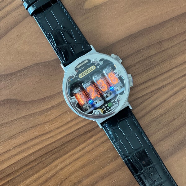 Nixie tube clock - Wrist Watch in the style of "Metro". New model with 3D accelerometer and RGB backlight.