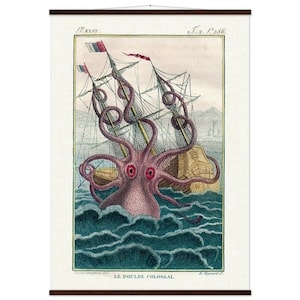 Le Poulpe Colossal Octopus Squid Sea Monster Antique Print Art Poster & Magnetic Wooden Hanger, Hanging Wall Chart