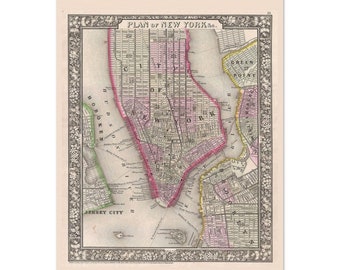 1864 Mitchell Map of New York City on Museum-Quality Matte Paper Poster with Wooden Hanger