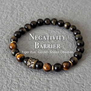 Golden Sheen Obsidian & Tiger Eye Men Bracelet, Energy Healing Protection Crystal Gift for Him, Natural Gemstone Energy, Stretch Bracelet