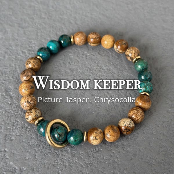 Men Stone Bracelet, Picture Jasper and Chrysocolla Bracelet For Men, Promotions Gift, New Job Gift, Mindfulness Jewelry, Gift For Him