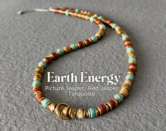 Natural Turquoise , Picture Jasper, Red Jasper Necklace For Men, Surfer Necklace In Boho Style, 6mm beaded Stone Jewelry, Handmade Mens Gift