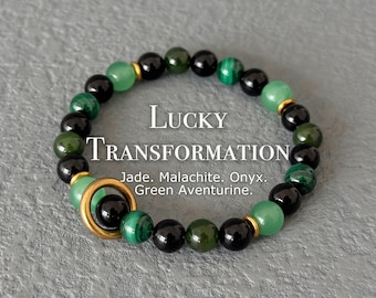 Malachite, giada, onice, avventurina verde, bracciale unisex, bracciale con pietre preziose naturali di colore verde, bracciale elastico, regalo per nuovo lavoro, laurea