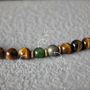 May include: Close-up of a beaded bracelet featuring Tiger Eye, Jade, and Pyrite gemstones. The Tiger Eye beads have a golden-brown color with a chatoyant effect. The Jade bead is a deep green, and the Pyrite bead is a metallic gray.