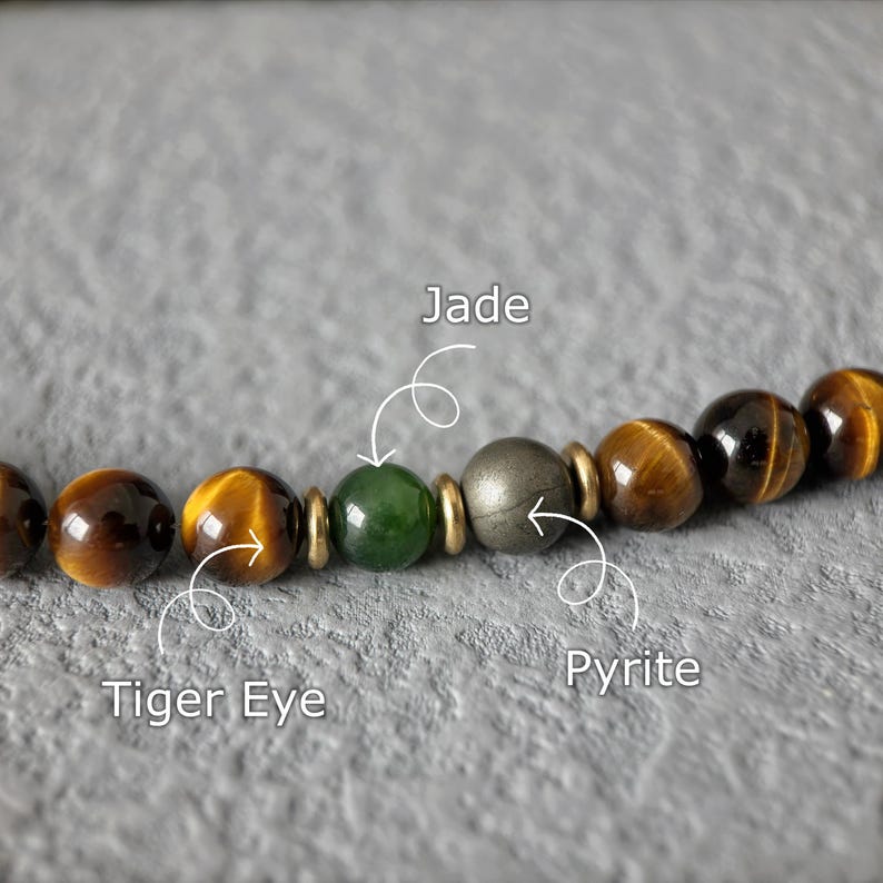 May include: Close-up of a beaded bracelet featuring Tiger Eye, Jade, and Pyrite gemstones. The Tiger Eye beads have a golden-brown color with a chatoyant effect. The Jade bead is a deep green, and the Pyrite bead is a metallic gray.