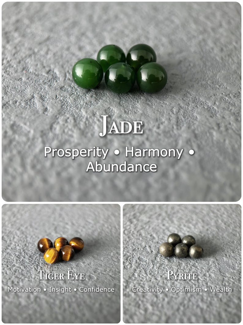 May include: The image showcases three sets of gemstones: jade, tiger eye, and pyrite. The jade stones are a deep green, the tiger eye stones are brown with golden streaks, and the pyrite stones are metallic gray. Text labels identify each stone and associated qualities.