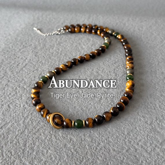 Abundance Mens Beaded Necklace, Jade, Pyrite, Tiger Eye, New Job Gift, Promotions Gift, Gift For Him, Husband, Dad, Everyday Necklace
